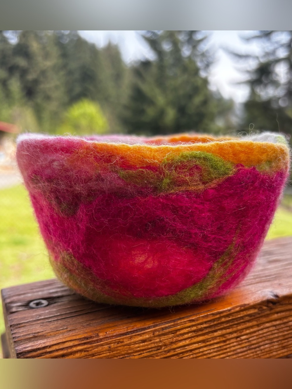 Handcrafted Felted Wool Bowl in Bright Pink, Orange, and Lime Green